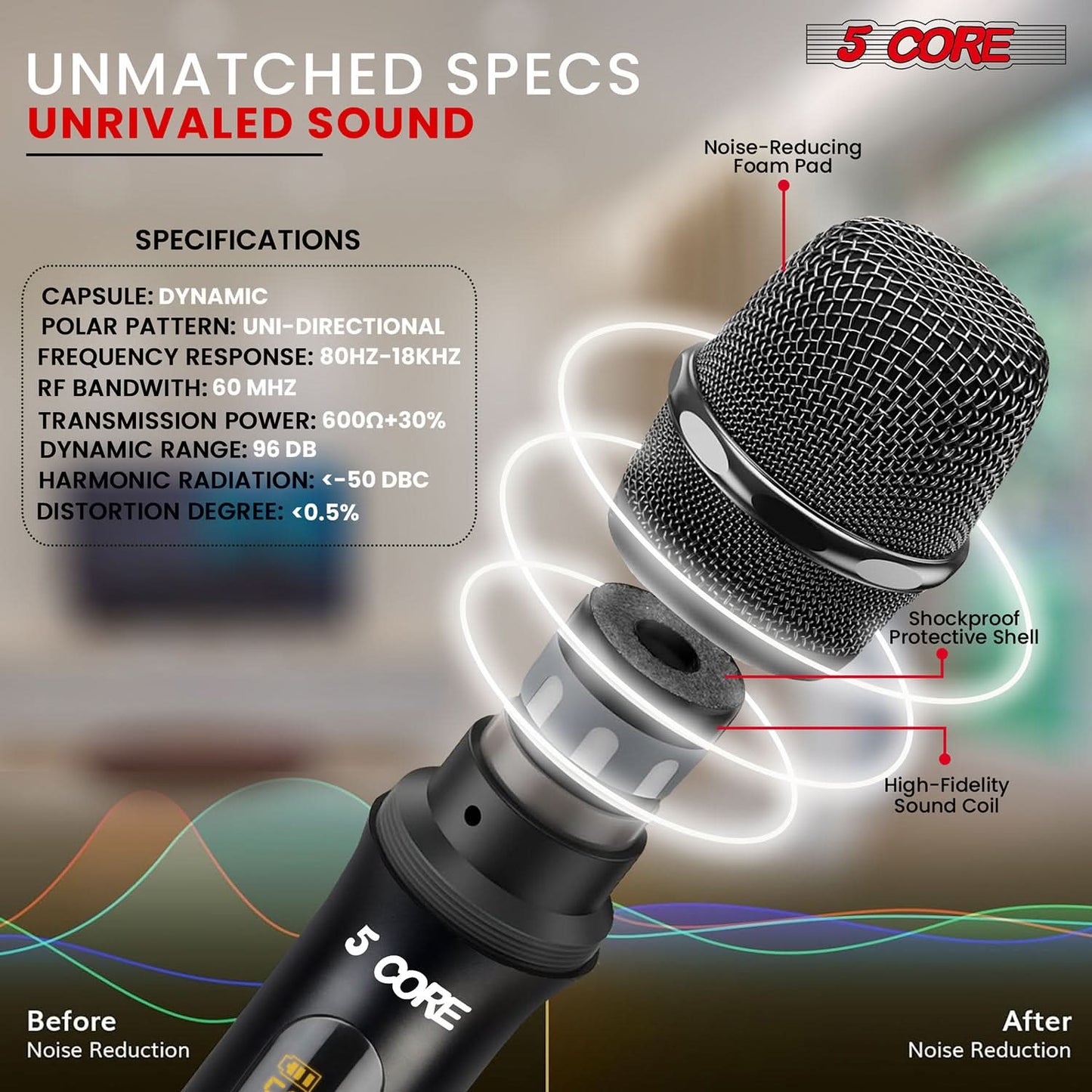 5Core Wireless Microphone Pair UHF Handheld Microfonos Inalambricos Cordless Mic RED + BLACK-3