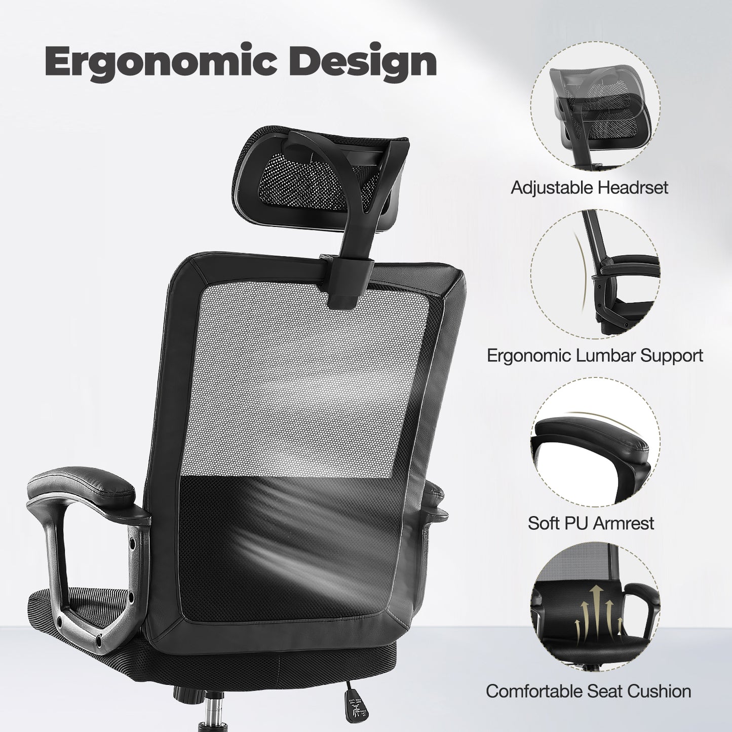 Sweetcrispy Ergonomic Office Chair High Back Mesh Gaming Desk Chair with Adjustable Headrest and Lumbar Support