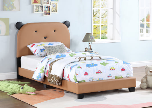 Upholstered Twin Size Platform Bed for Kids, with Slatted Bed Base, No Box Spring Needed, Brown color, Bear Design