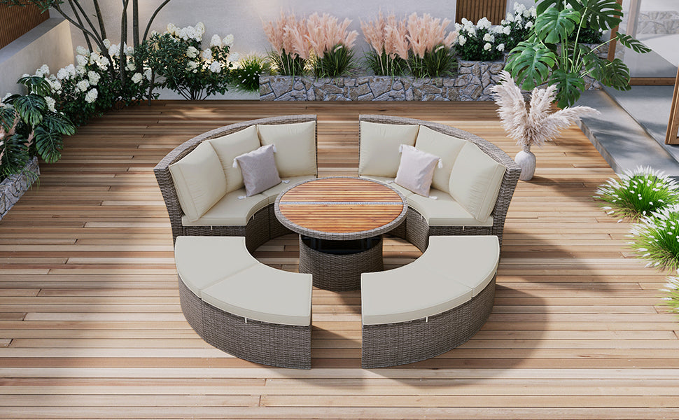 TOPMAX Patio 5-Piece Round Rattan Sectional Sofa Set All-Weather PE Wicker Sunbed Daybed with Round Liftable Table and Washable Cushions for Outdoor Backyard Poolside, Gray