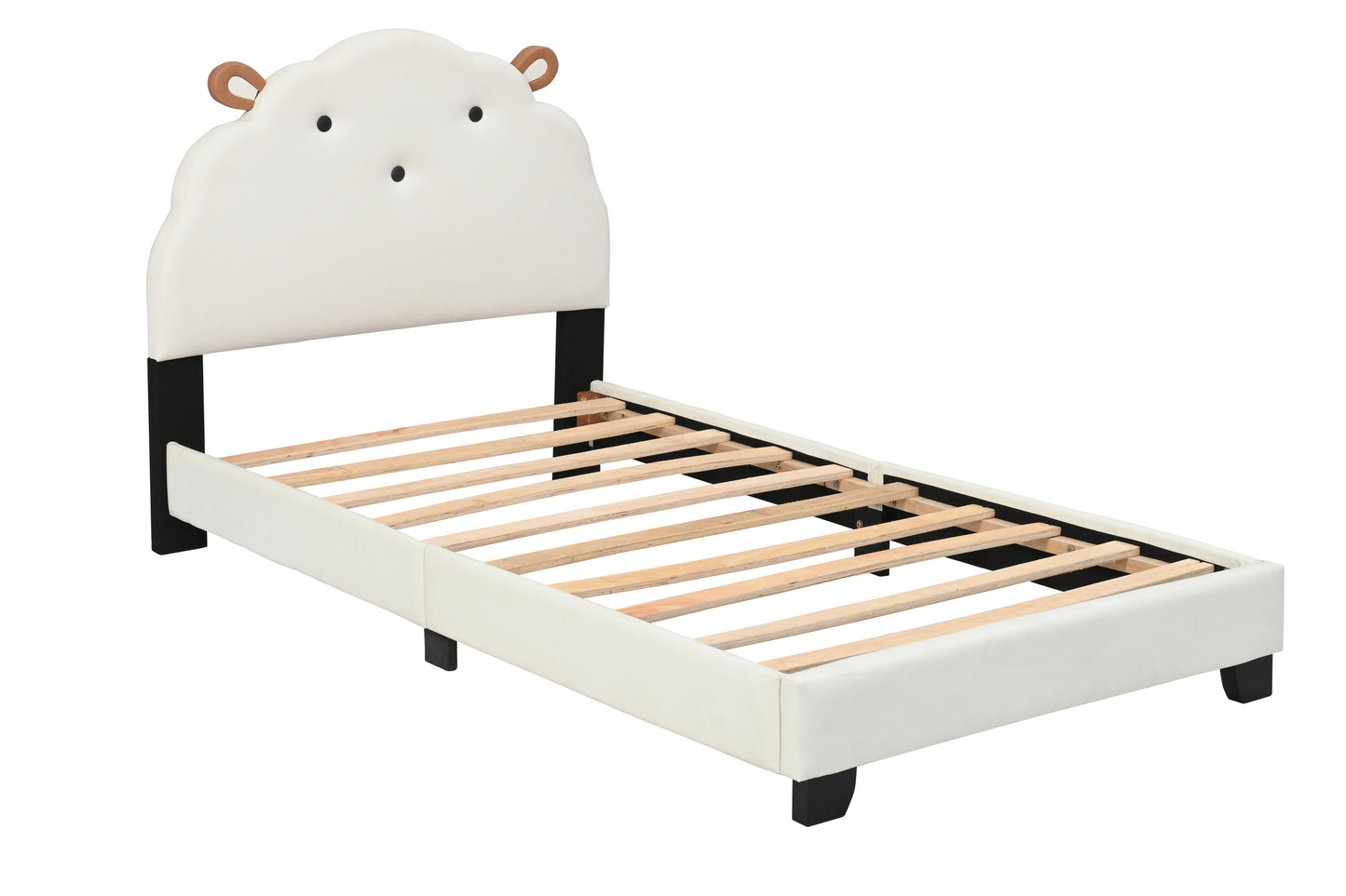 Upholstered Twin Size Platform Bed for Kids, with Slatted Bed Base, No Box Spring Needed, White color, Sheep Design