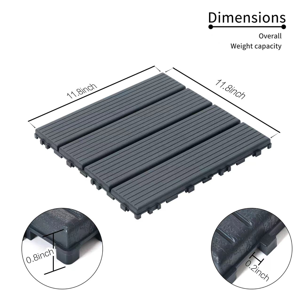 Plastic Interlocking Deck Tiles,44 Pack Patio Deck Tiles,12"x12" Square Waterproof Outdoor All Weather Use, Patio Decking Tiles for Poolside Balcony Backyard (Dark Gray 44 pack Staight groove)