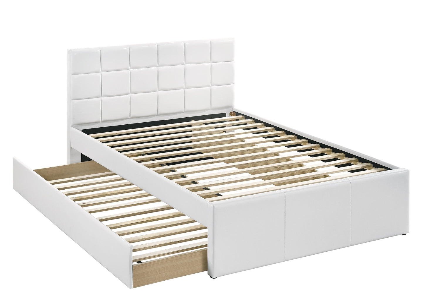 Twin Size Bed w/ Trundle Slats White Faux Leather Upholstered Plywood Kids Youth Bedroom Furniture Wooden Slats