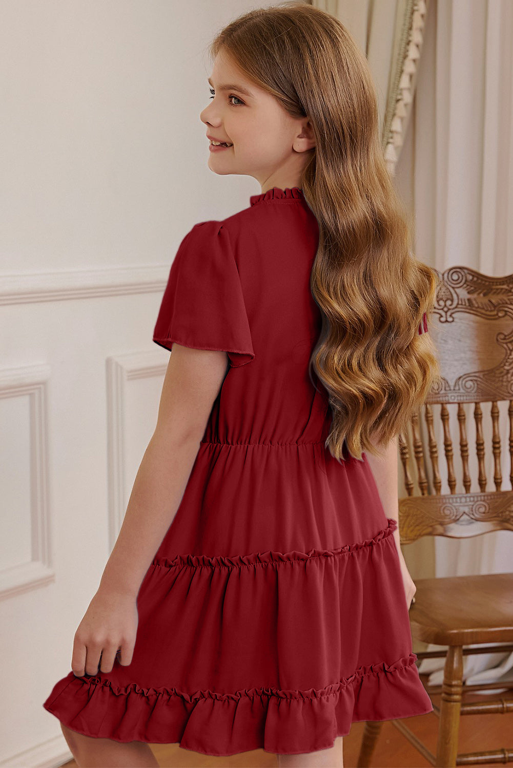 Girls Frilled Notched Neck Puff Sleeve Dress