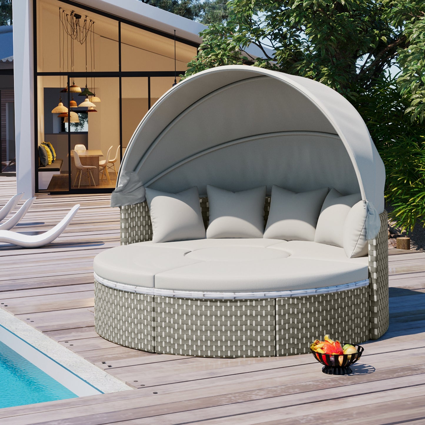 TOPMAX Patio Furniture Round Outdoor Sectional Sofa Set Rattan Daybed Two-Tone Weave Sunbed with Retractable Canopy, Separate Seating and Removable Cushion, Gray