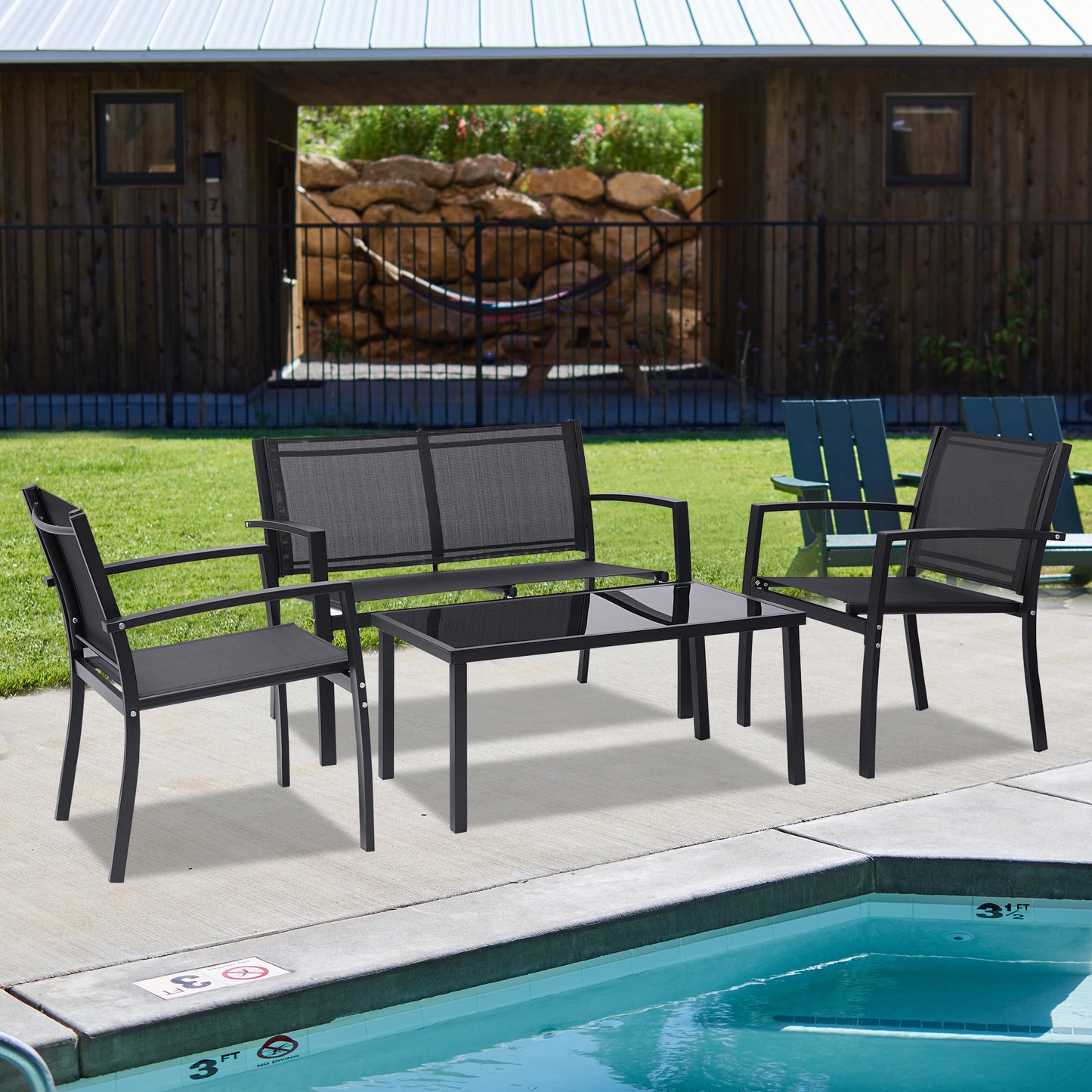 4 Pieces Patio Furniture Set Outdoor Garden Patio Conversation Sets Poolside Lawn Chairs with Glass Coffee Table Porch Furniture (Black)