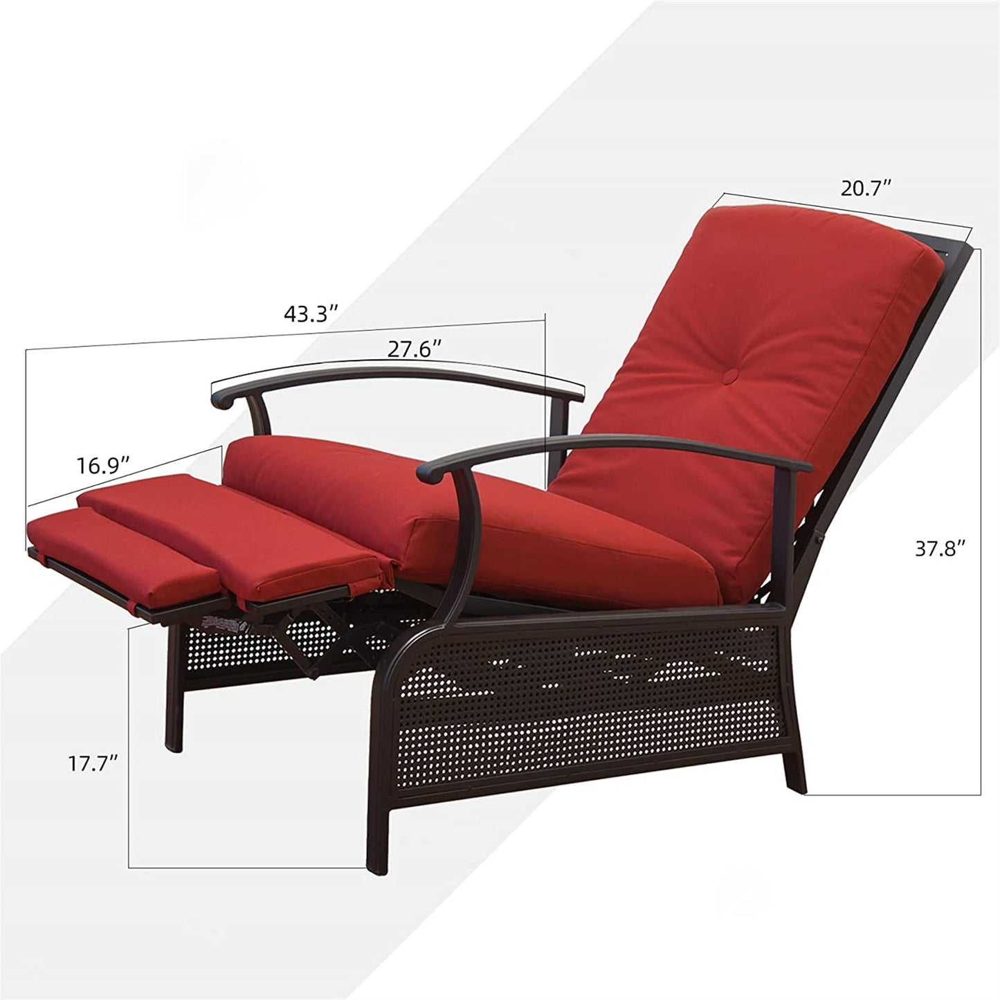 Patio Recliner Chair with Cushions,Outdoor Adjustable Lounge Chair,Reclining Patio Chairs with Strong Extendable Metal Frame for Reading,Garden,Lawn (Red, 1 Chair)