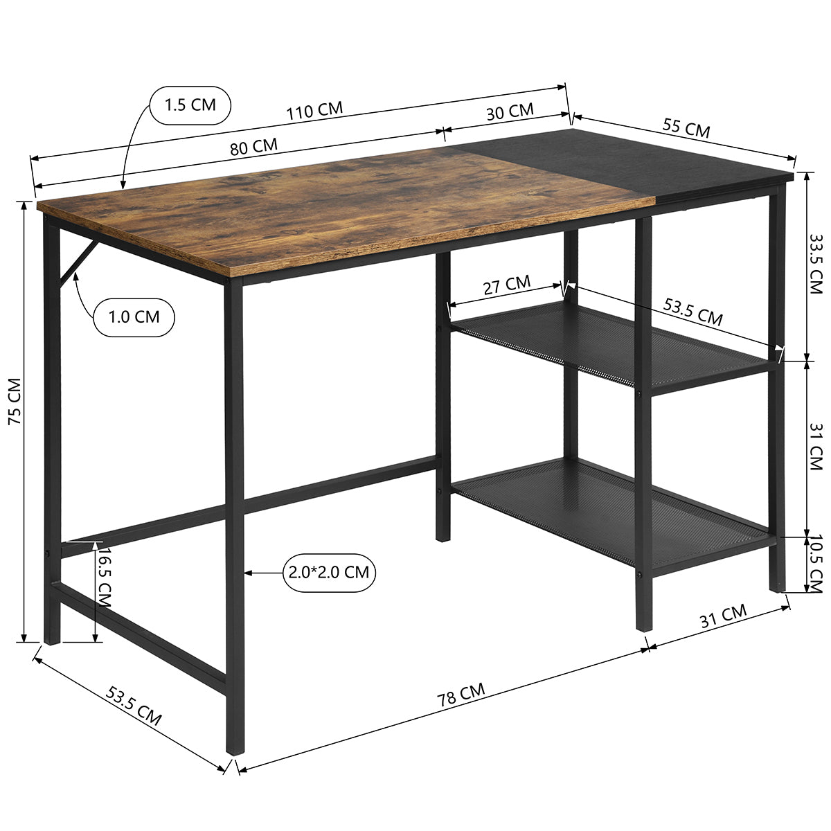 Writing Table with 2 Storage Shelves for Home Office Study Computer Desk, 43.3" W x 21.7" D x 29.5"H