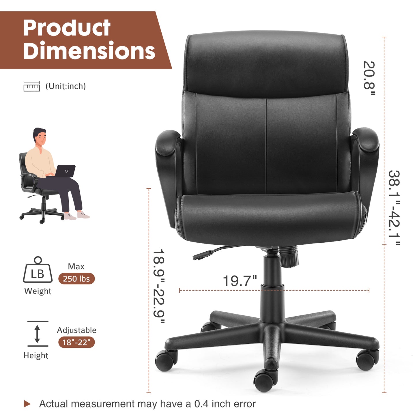 Sweetcrispy Mid Back Office Desk Chair with Padded Armrests PU Leather Home Office Chair