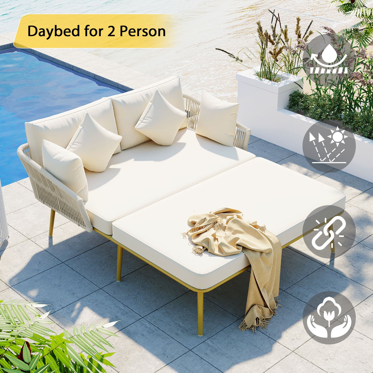 TOPMAX Outdoor Patio Daybed, Woven Nylon Rope Backrest with Washable Cushions for Balcony, Poolside, Set for 2 Person, Beige