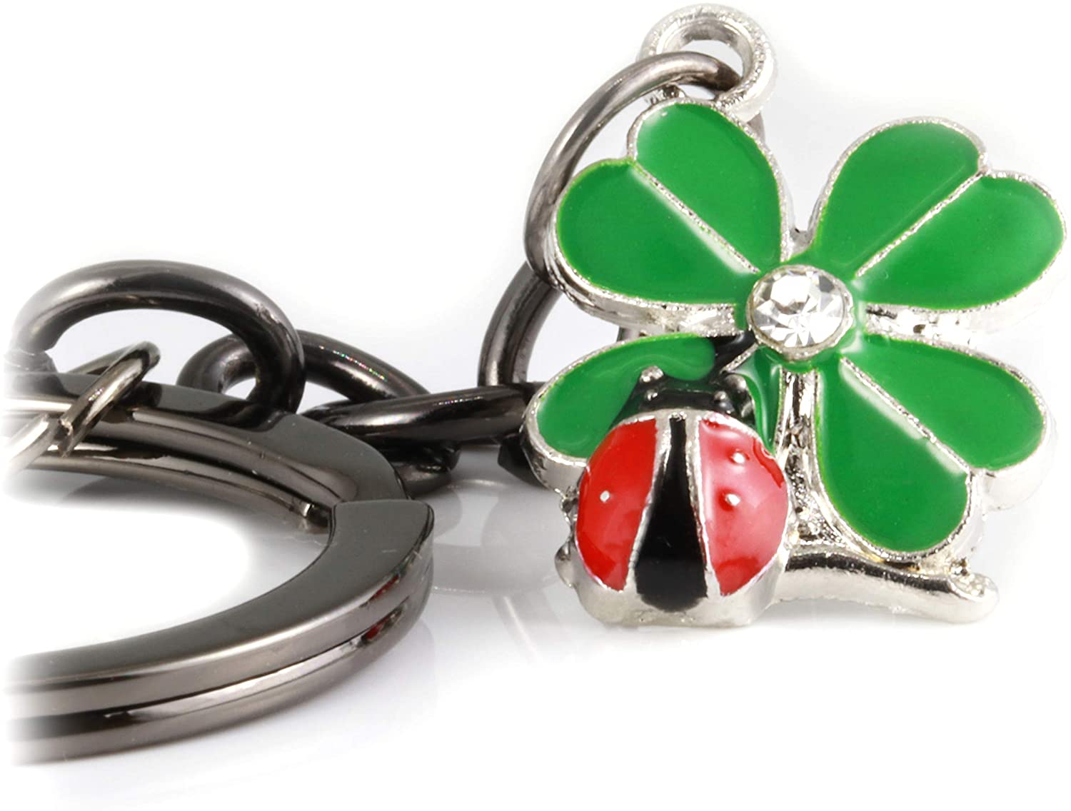 Ladybug Gifts | Ladybug Key Chain of a Lady Bug on a Four Leaf Clover Lucky Keychain 1 inch diameter Black Key Chain with Black Chain to the Ladybug Charm on a Four Leaf Clover with Rhinestone Center-0