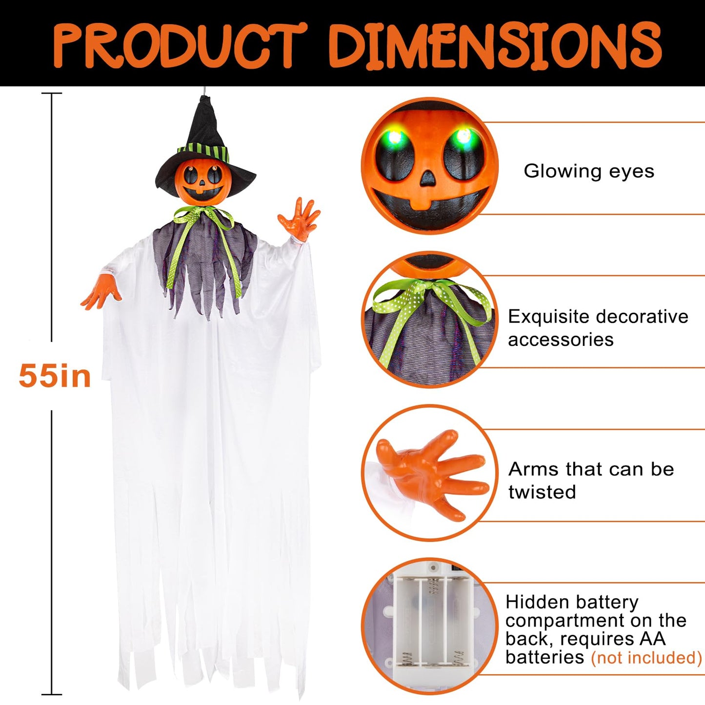 55” Halloween Hanging Animatronics Witch Hat Ghost with LED Lights, Sound Activated, and Shaking Arms - Perfect for Halloween Haunted House Prop Décor, Indoor/Outdoor Display, Lawn, Party