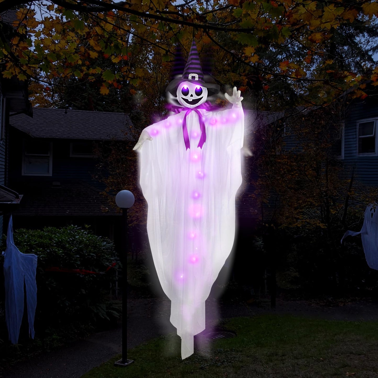 55” Halloween Hanging Animatronics Witch Hat Ghost with LED Lights, Sound Activated, and Shaking Arms - Perfect for Halloween Haunted House Prop Décor, Indoor/Outdoor Display, Lawn, Party