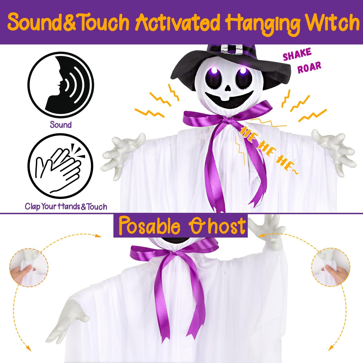 55” Halloween Hanging Animatronics Witch Hat Ghost with LED Lights, Sound Activated, and Shaking Arms - Perfect for Halloween Haunted House Prop Décor, Indoor/Outdoor Display, Lawn, Party