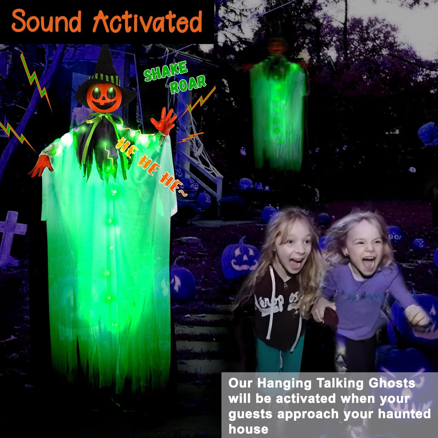 55” Halloween Hanging Animatronics Witch Hat Ghost with LED Lights, Sound Activated, and Shaking Arms - Perfect for Halloween Haunted House Prop Décor, Indoor/Outdoor Display, Lawn, Party