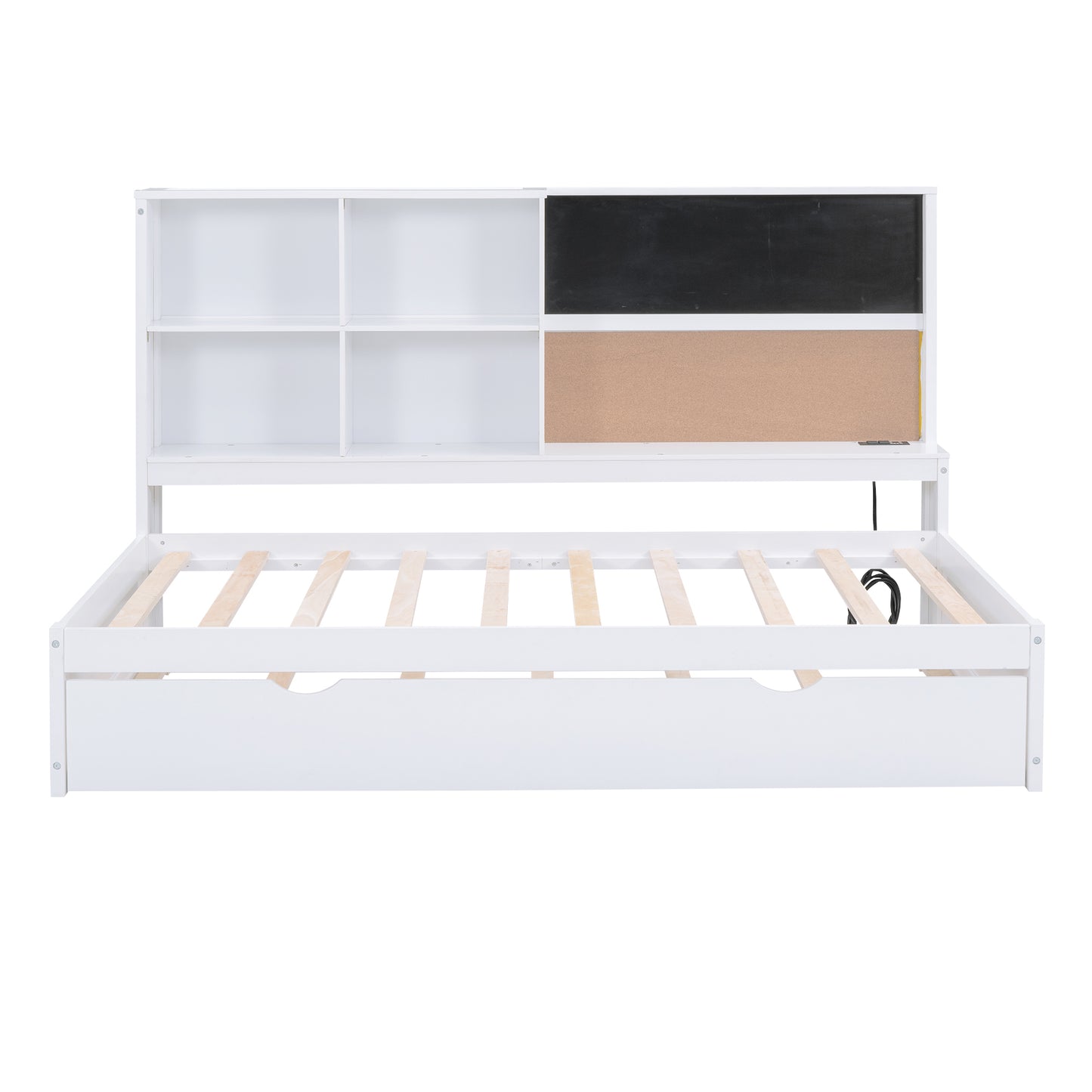 Twin Size Daybed with Storage Shelves, Blackboard, Cork board, USB Ports and Twin Size Trundle, White