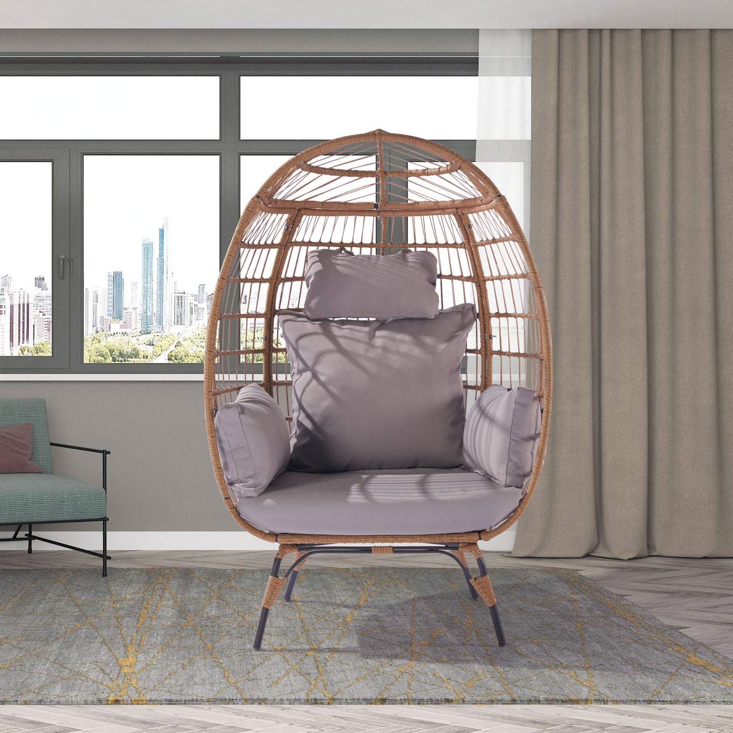 Wicker Egg Chair, Oversized Indoor Outdoor Lounger for Patio, Backyard, Living Room w/ 5 Cushions, Steel Frame, - Light Grey