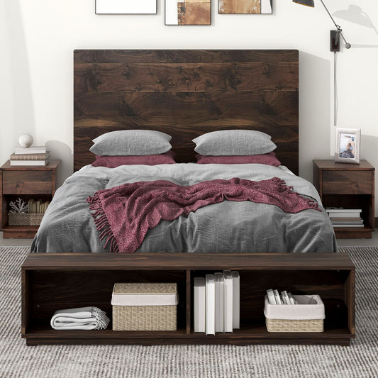 Traditional Rustic Natural Tone Walnut Queen Bed Frame with Storage Bench, No Box Spring Needed,Queen