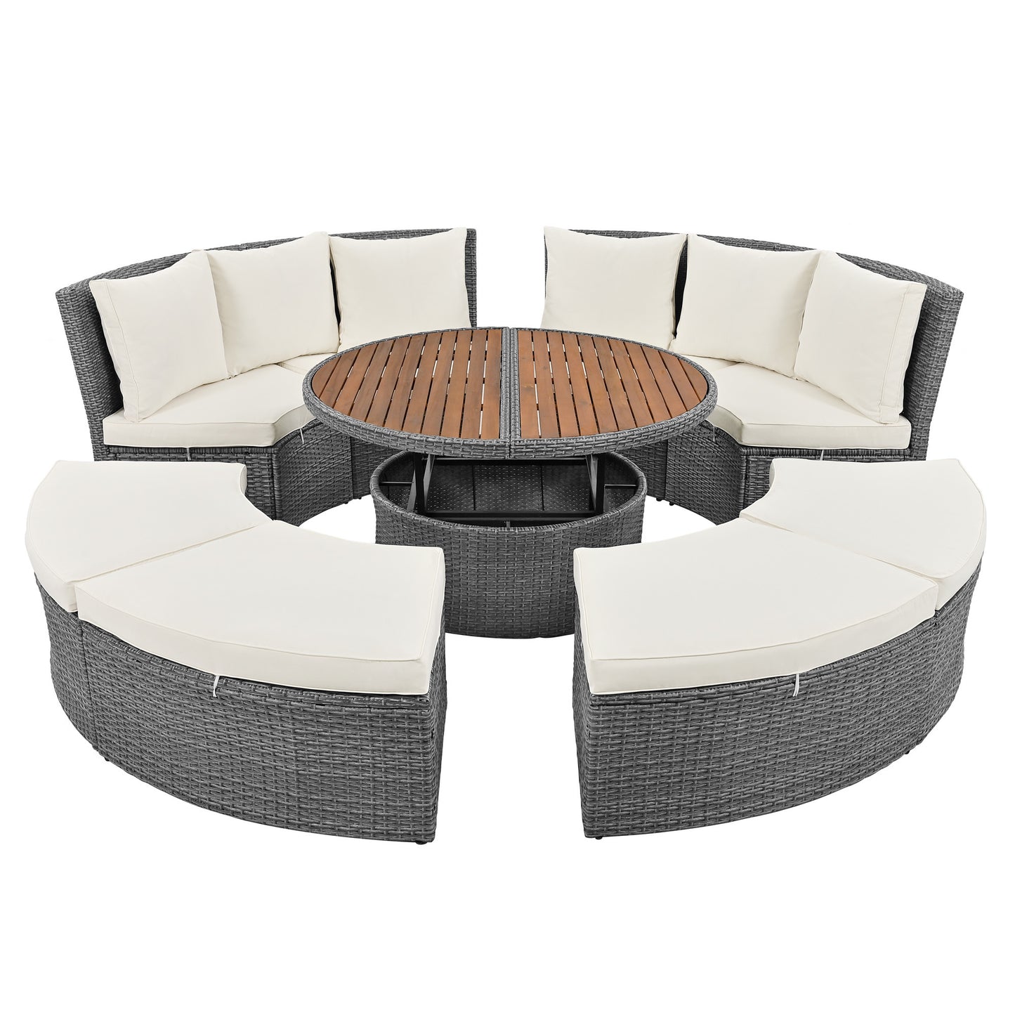 TOPMAX Patio 5-Piece Round Rattan Sectional Sofa Set All-Weather PE Wicker Sunbed Daybed with Round Liftable Table and Washable Cushions for Outdoor Backyard Poolside, Beige