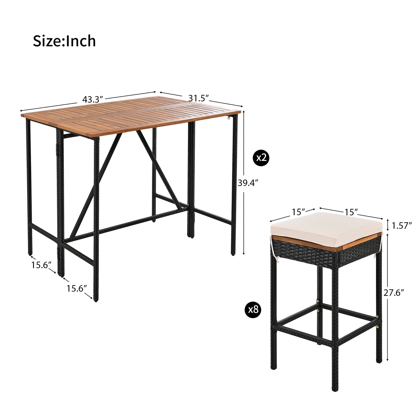 GO 10-Piece Outdoor Acacia Wood Bar Height Table And Eight Stools With Cushions, Garden PE Rattan Wicker Dining Table, Foldable Tabletop, High-Dining Bistro Set, All-Weather Patio Furniture, Brown