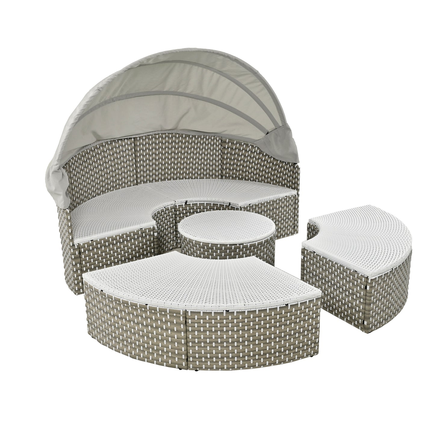 TOPMAX Patio Furniture Round Outdoor Sectional Sofa Set Rattan Daybed Two-Tone Weave Sunbed with Retractable Canopy, Separate Seating and Removable Cushion, Gray