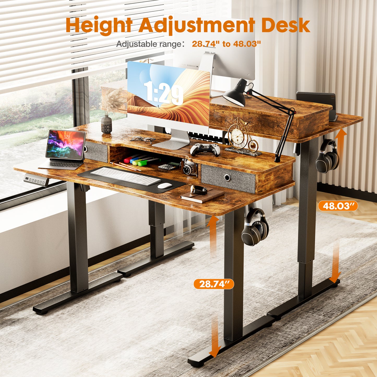 Sweetcrispy Home Office Height Adjustable Electric Standing Desk with Storage Shelf Double Drawer