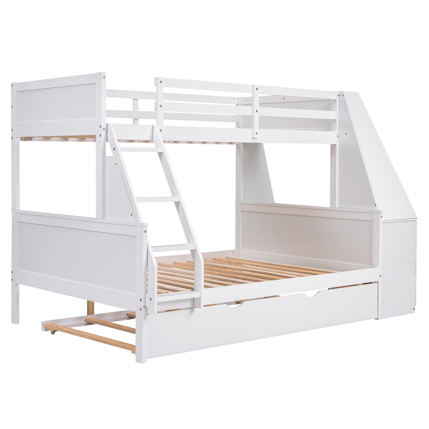 Twin over Full Bunk Bed with Trundle and Built-in Desk, Three Storage Drawers and Shelf,White