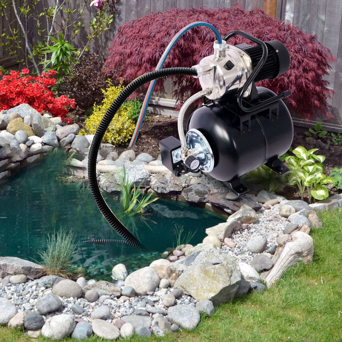 1.6HP Shallow Well Pump with Pressure Tank,garden water pump, Irrigation Pump,Automatic Water Booster Pump for Home Garden Lawn Farm，stainless steel head