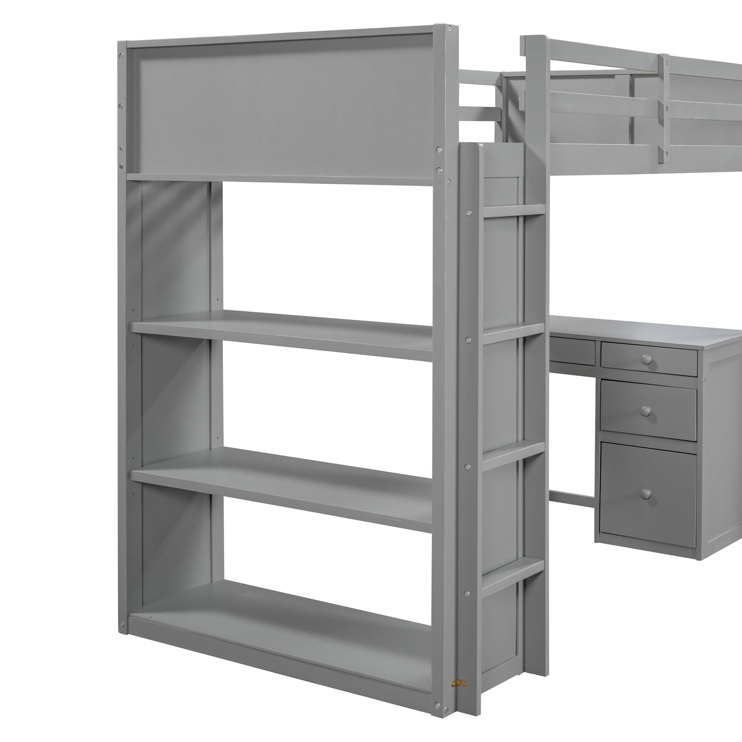 Twin Size Loft Bed with Ladder, Shelves, and Desk, Gray