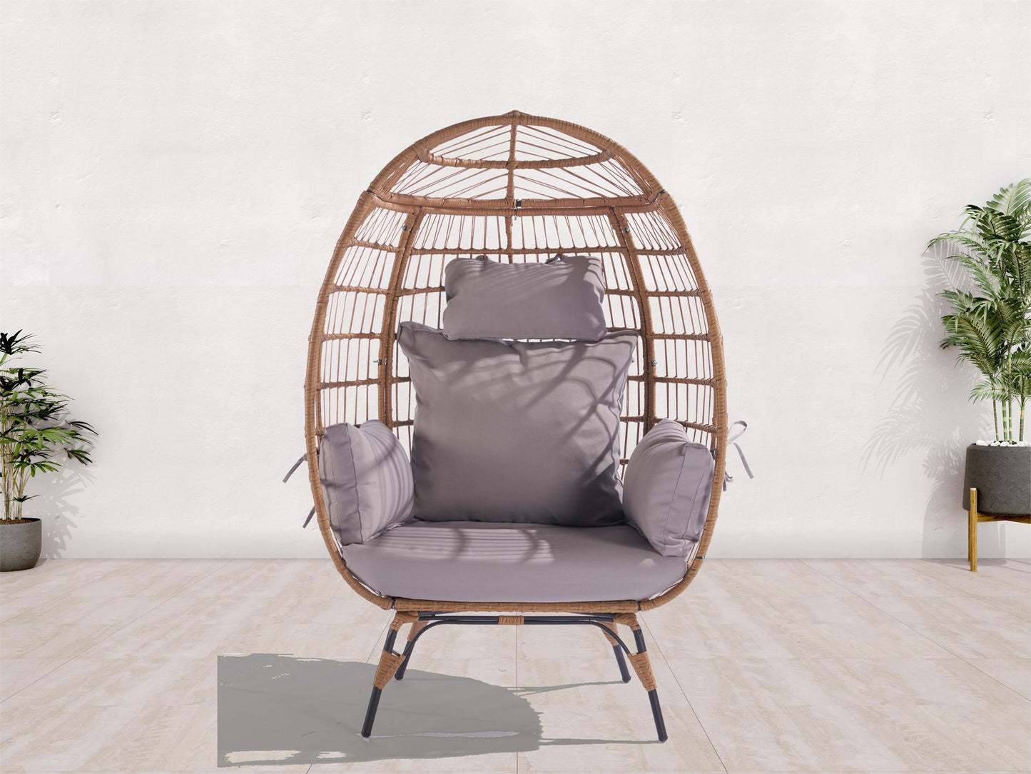 Wicker Egg Chair, Oversized Indoor Outdoor Lounger for Patio, Backyard, Living Room w/ 5 Cushions, Steel Frame, - Light Grey