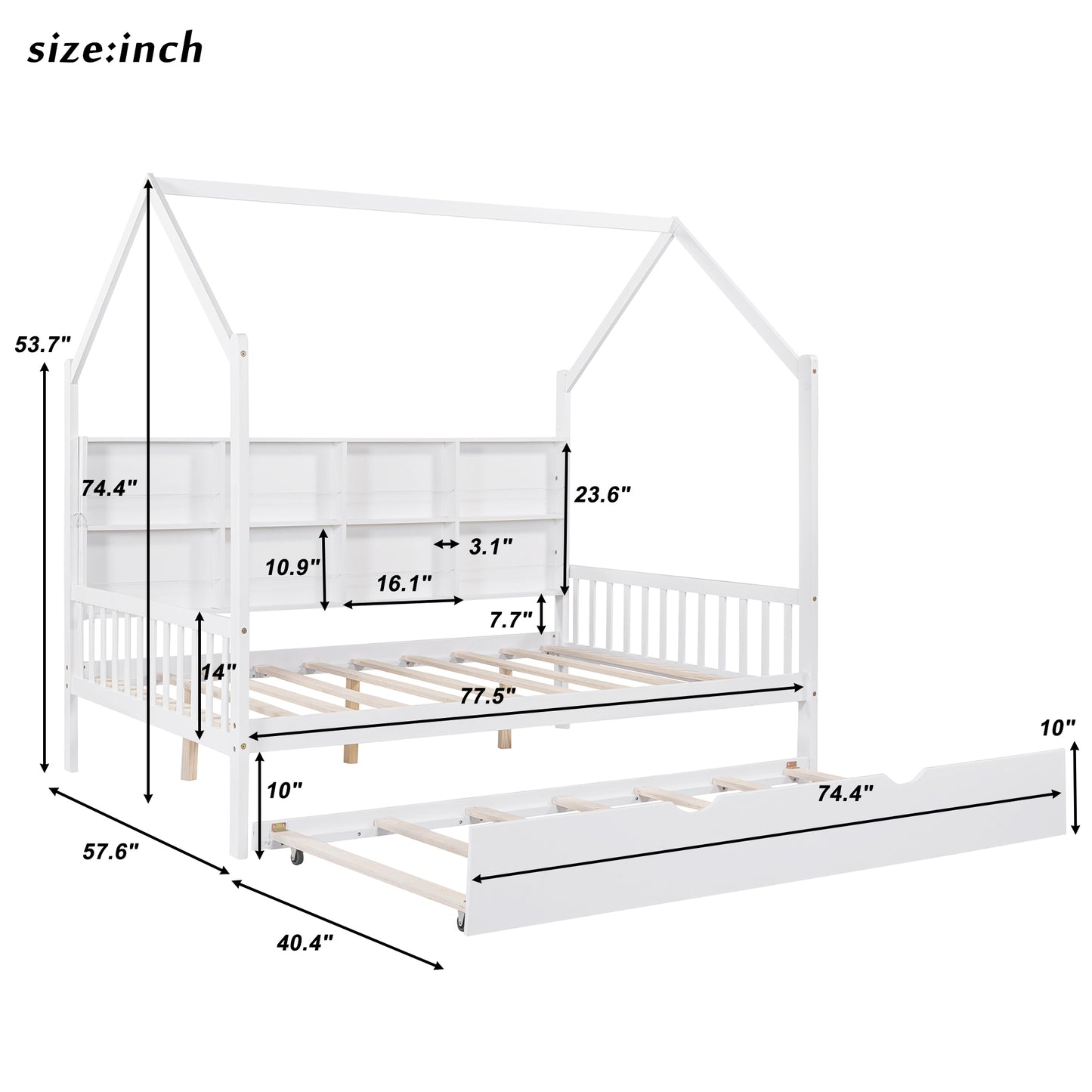 Wooden Full Size House Bed with Trundle,Kids Bed with Shelf, White