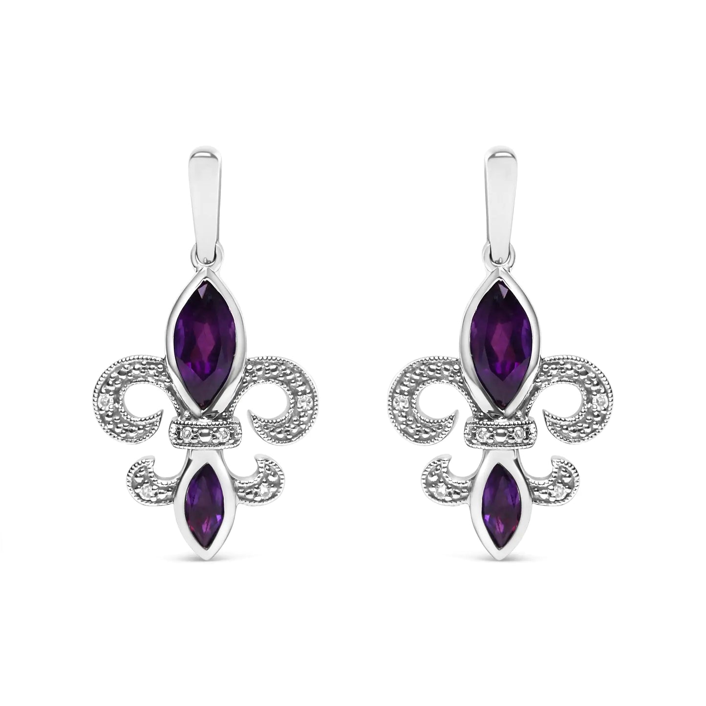 .925 Sterling Silver Marquise Cut Amethyst and Diamond Accent Fleur De Lis Dangle Stud Earrings (H-I Color, SI1-SI2 Clarity)
