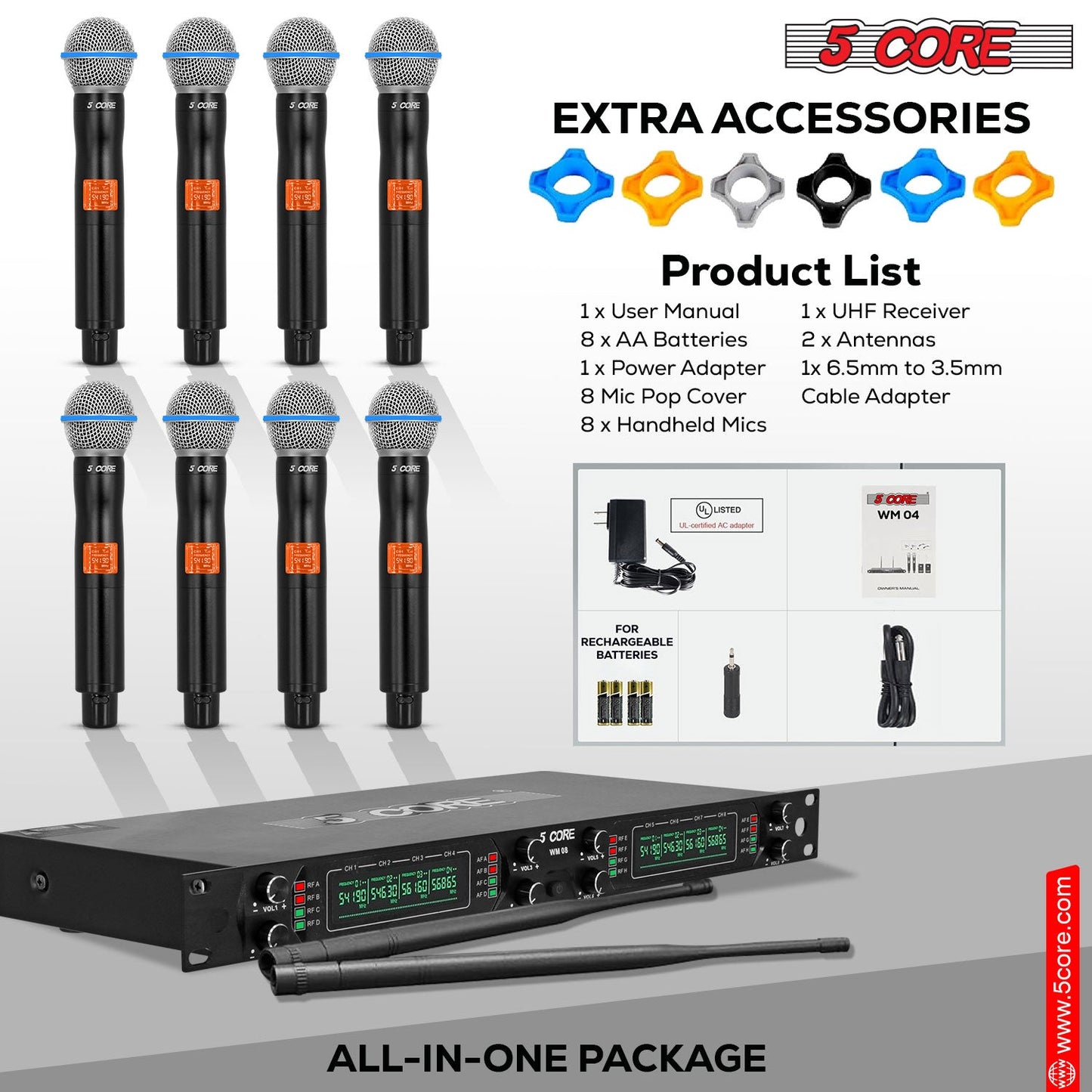 5 Core Wireless Microphone System 8 Channel UHF Portable Receiver w 8 Cordless Dynamic Mic 492F Range-6