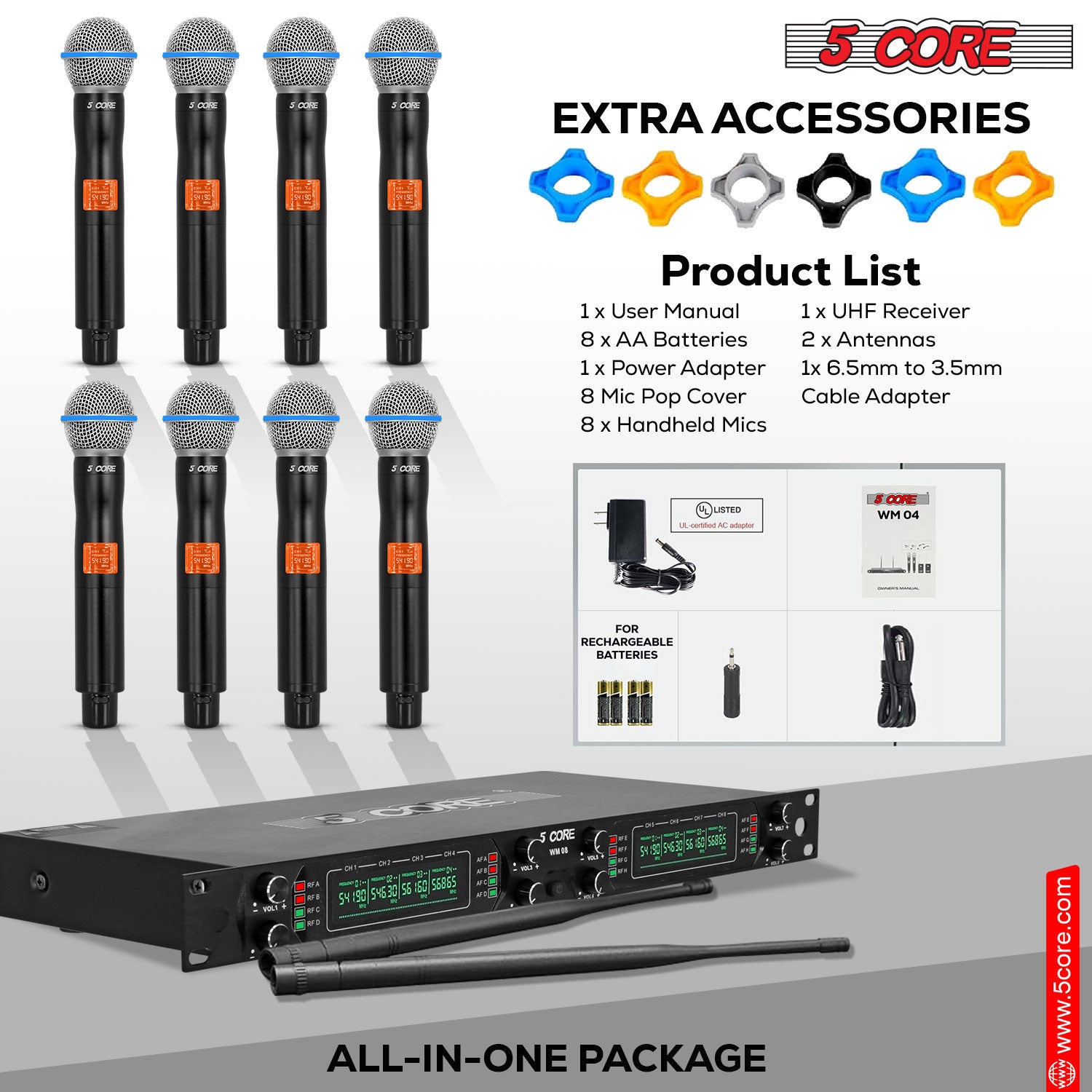 5 Core Wireless Microphone System 8 Channel UHF Portable Receiver w 8 Cordless Dynamic Mic 492F Range-6