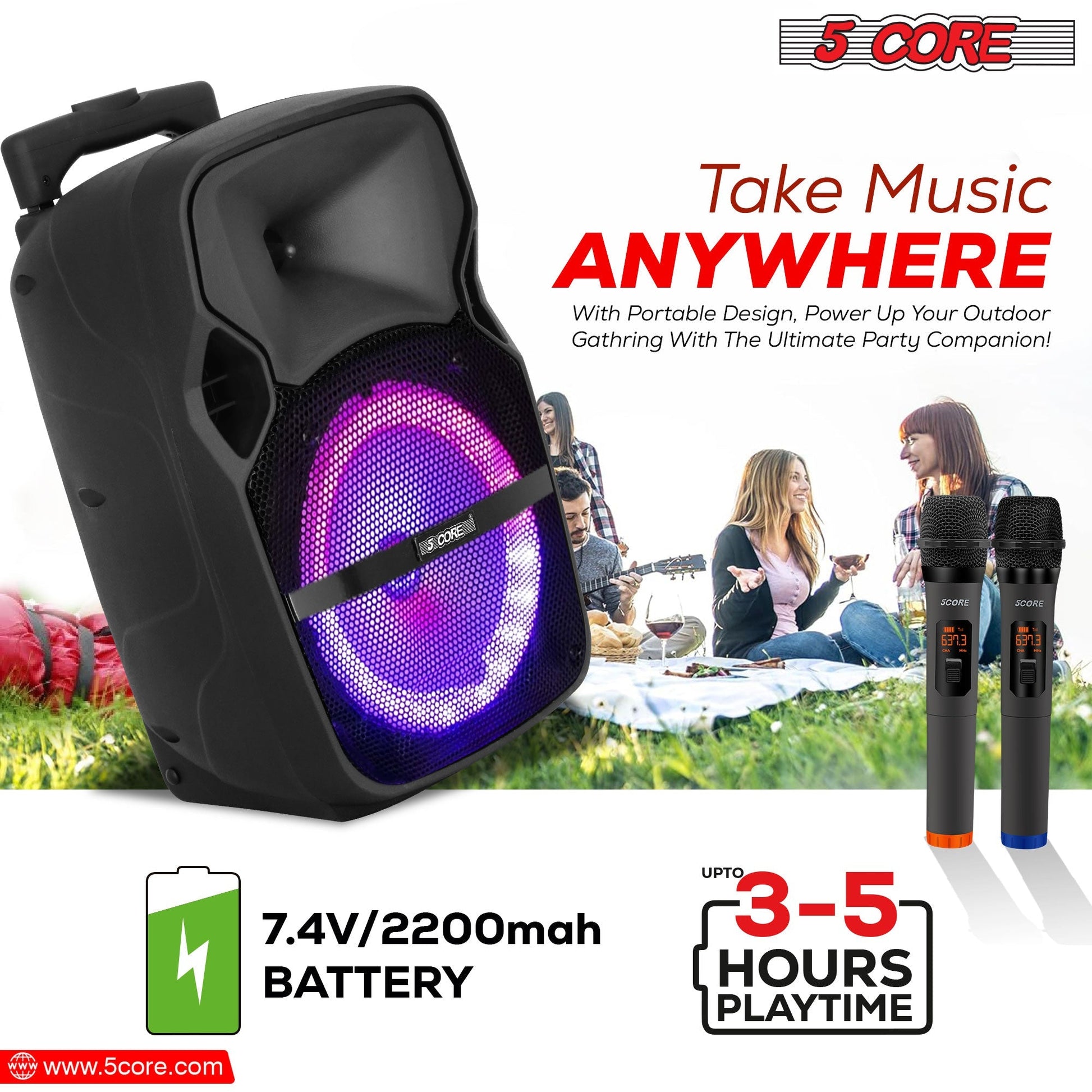 5 Core DJ Speakers 8" Rechargeable Powered PA System 250W Loud Speaker - Active Home 8 2-MIC-8