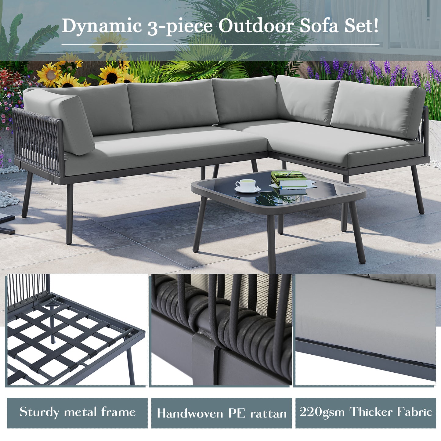 TOPMAX Modern Outdoor 3-Piece PE Rattan Sofa Set All Weather Patio Metal Sectional Furniture Set with Cushions and Glass Table for Backyard, Poolside, Garden, Gray,L-Shaped