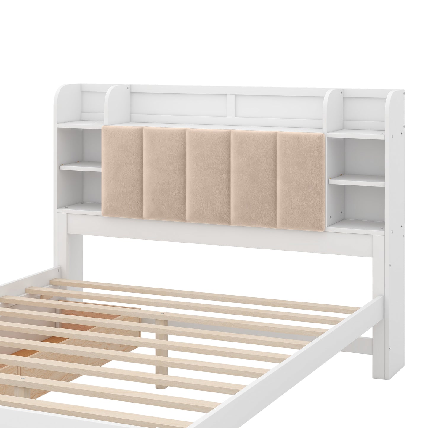 Wood Queen Size Platform Bed with Storage Headboard, Shelves and 2 Drawers, White