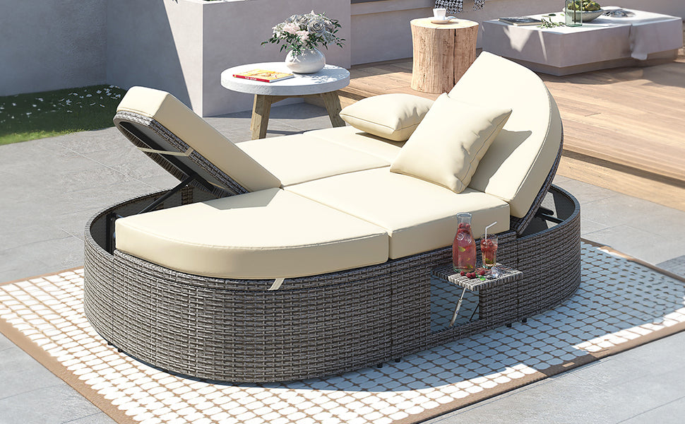 TOPMAX Outdoor Sun Bed Patio 2-Person Daybed with Cushions and Pillows, Rattan Garden Reclining Chaise Lounge with Adjustable Backrests and Foldable Cup Trays for Lawn, Poolside, Beige