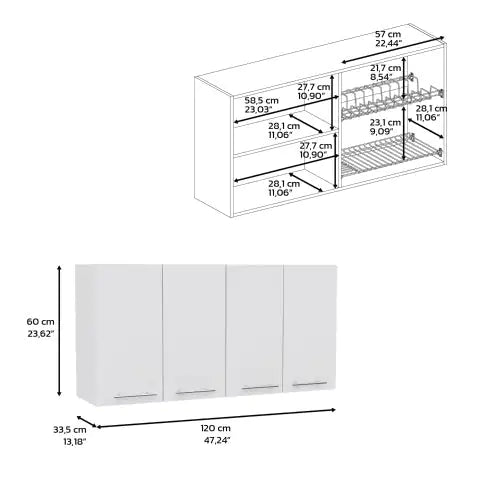 Wall Cabinet Four Doors, With Two Internal Shelves And Internal Plate And Glass Organizer, White