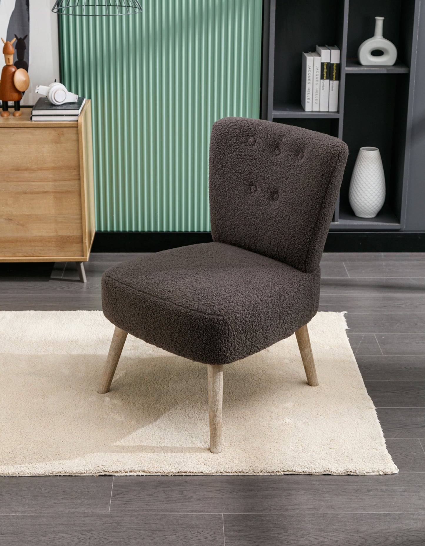 Teddy Fabric Button Accent Slipper Chair With Wooden Legs For Dining Room Living Room Bedroom,Dark Gray