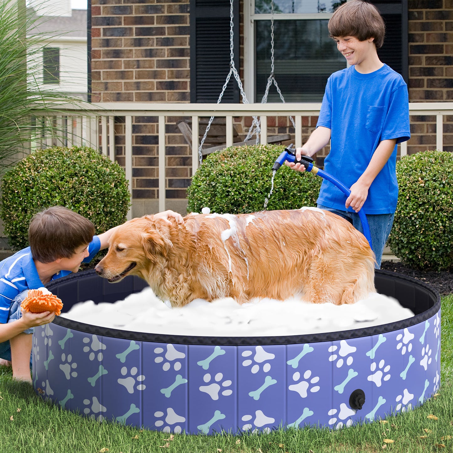 PawHut Foldable Pet Swimming Pool, Portable Dog Bathing Tub, 12" x 55" Plastic Large Dog Pool for Outdoor Dogs and Cats, Blue