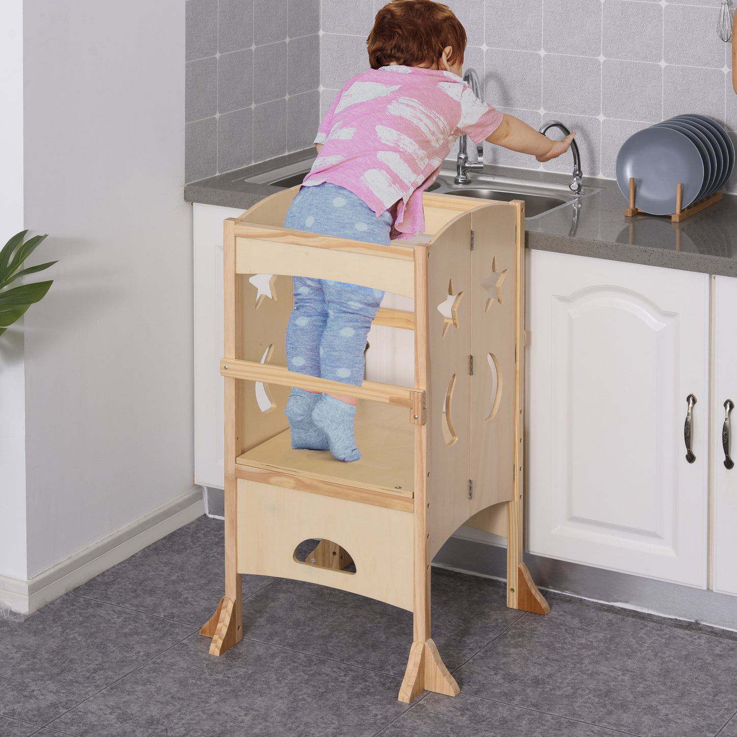 Wooden Kitchen Step Stool for Kids, Foldable Toddler Tower, Helper Stool for Kitchen Counter with Support Handles Safety Rail, Natural Wood