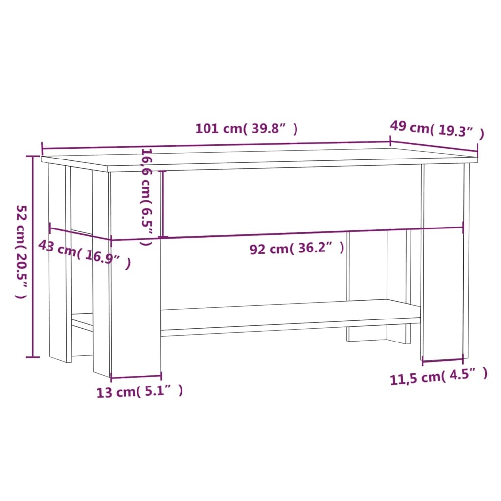 vidaXL Coffee Table Sonoma Oak 39.8"x19.3"x20.5" Engineered Wood