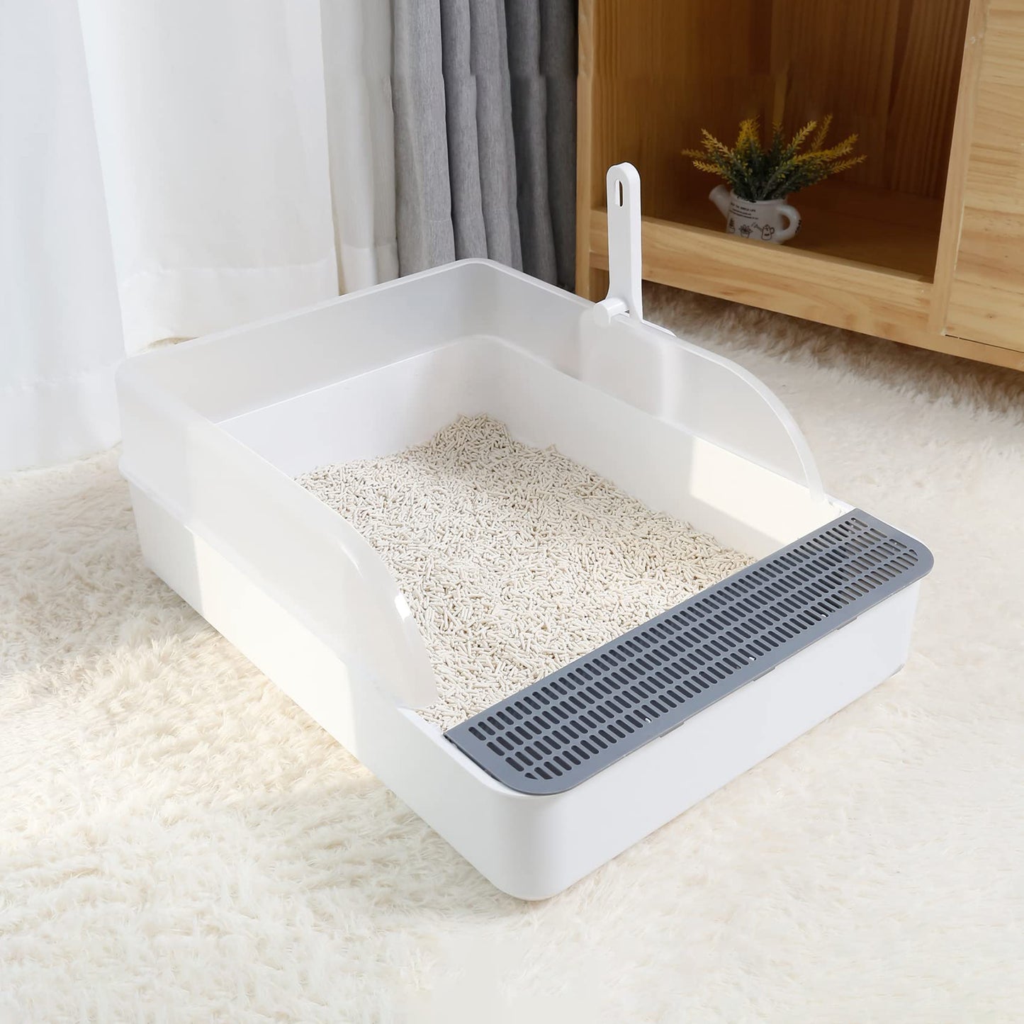 Spacious 20-Inch Open Cat Litter Box with Snap-On Fence - Easy-to-Clean, Extra Large Size for Cats of All Ages