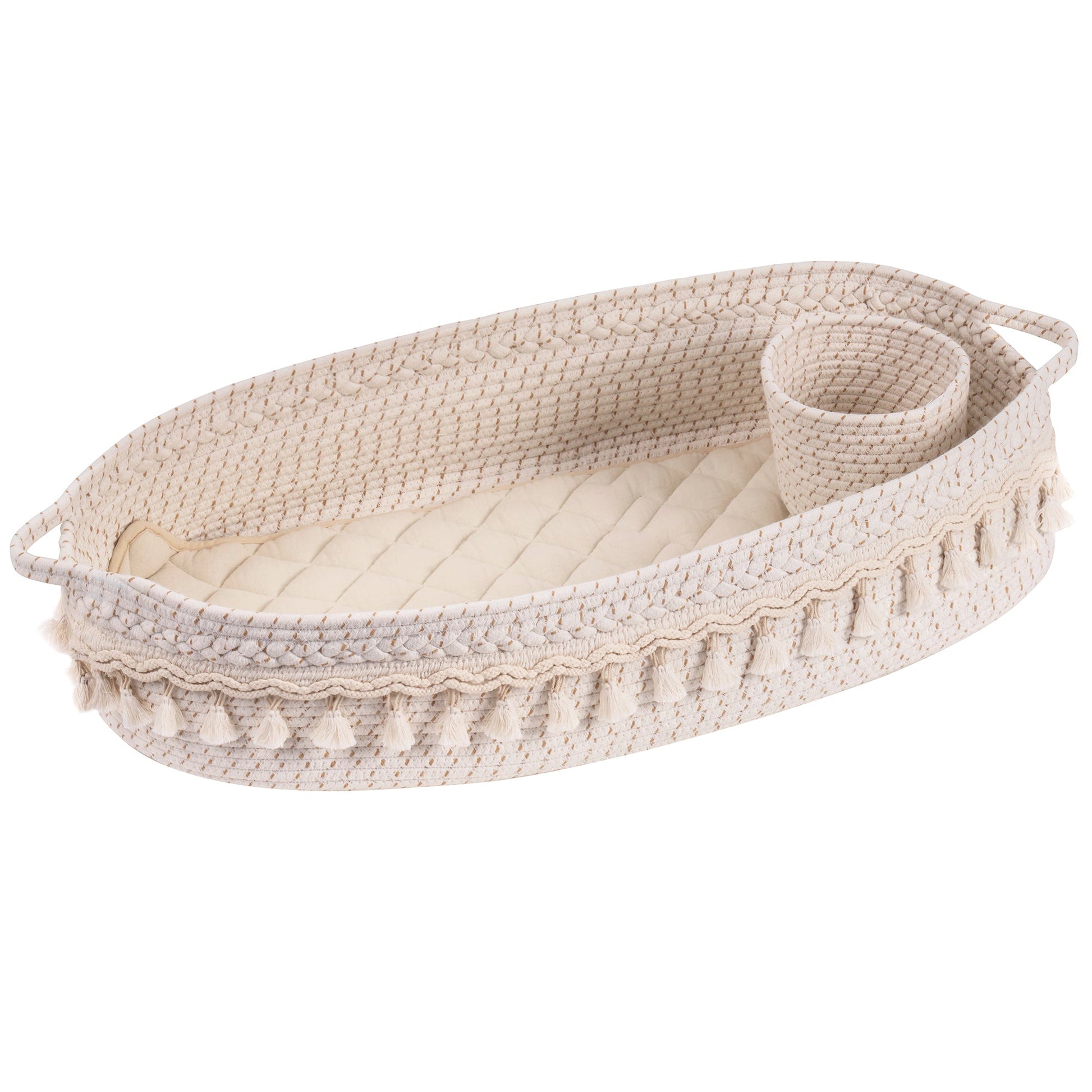 Baby Changing Basket, Handmade Woven Cotton Rope Moses Basket, Changing Table Topper with Mattress Pad(White&Brown)