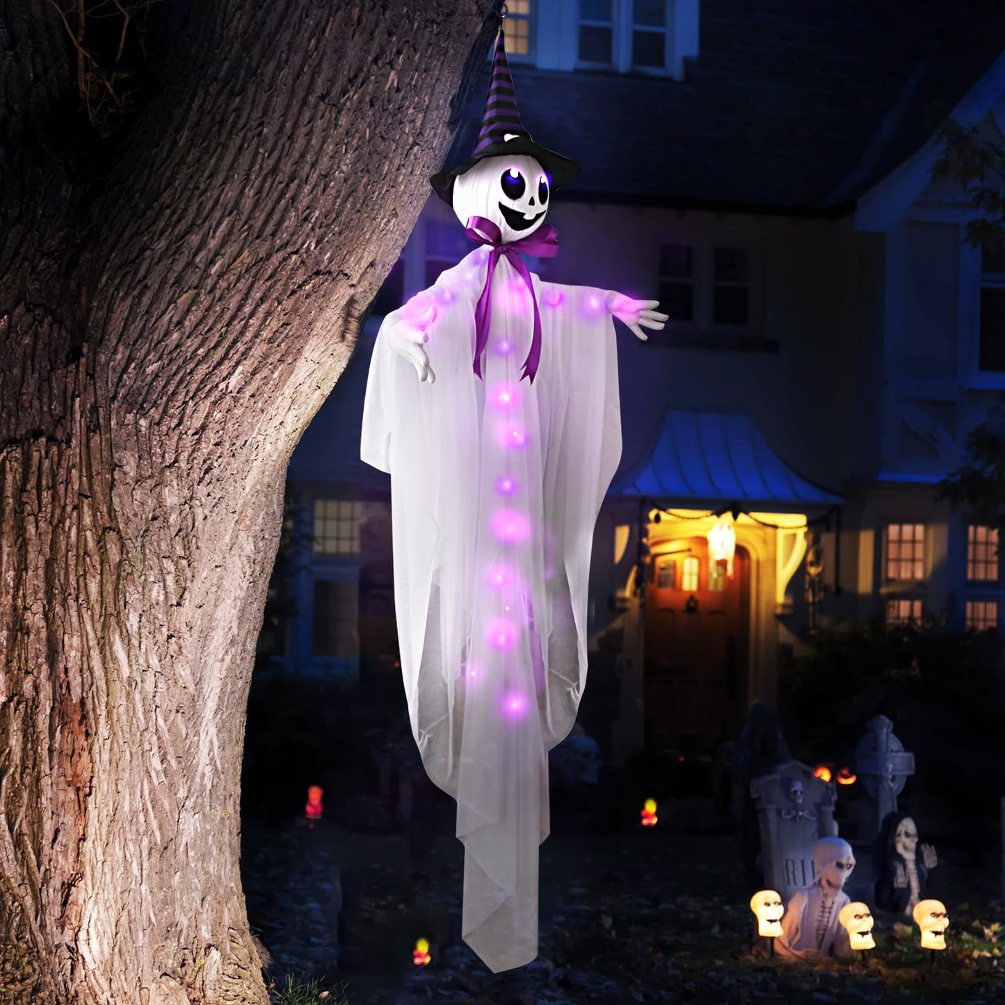 55” Halloween Hanging Animatronics Witch Hat Ghost with LED Lights, Sound Activated, and Shaking Arms - Perfect for Halloween Haunted House Prop Décor, Indoor/Outdoor Display, Lawn, Party