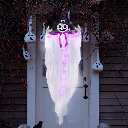 55” Halloween Hanging Animatronics Witch Hat Ghost with LED Lights, Sound Activated, and Shaking Arms - Perfect for Halloween Haunted House Prop Décor, Indoor/Outdoor Display, Lawn, Party