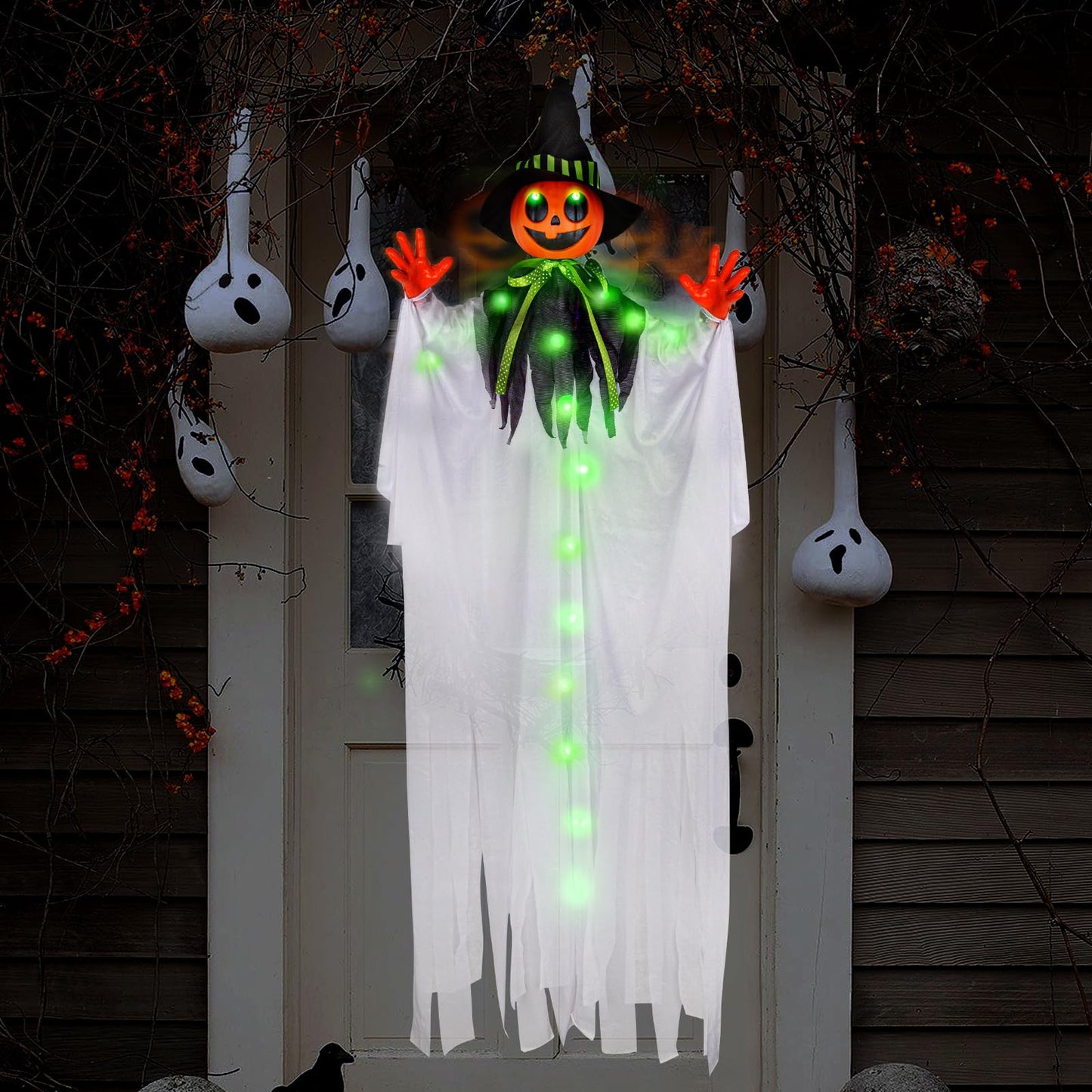 55” Halloween Hanging Animatronics Witch Hat Ghost with LED Lights, Sound Activated, and Shaking Arms - Perfect for Halloween Haunted House Prop Décor, Indoor/Outdoor Display, Lawn, Party