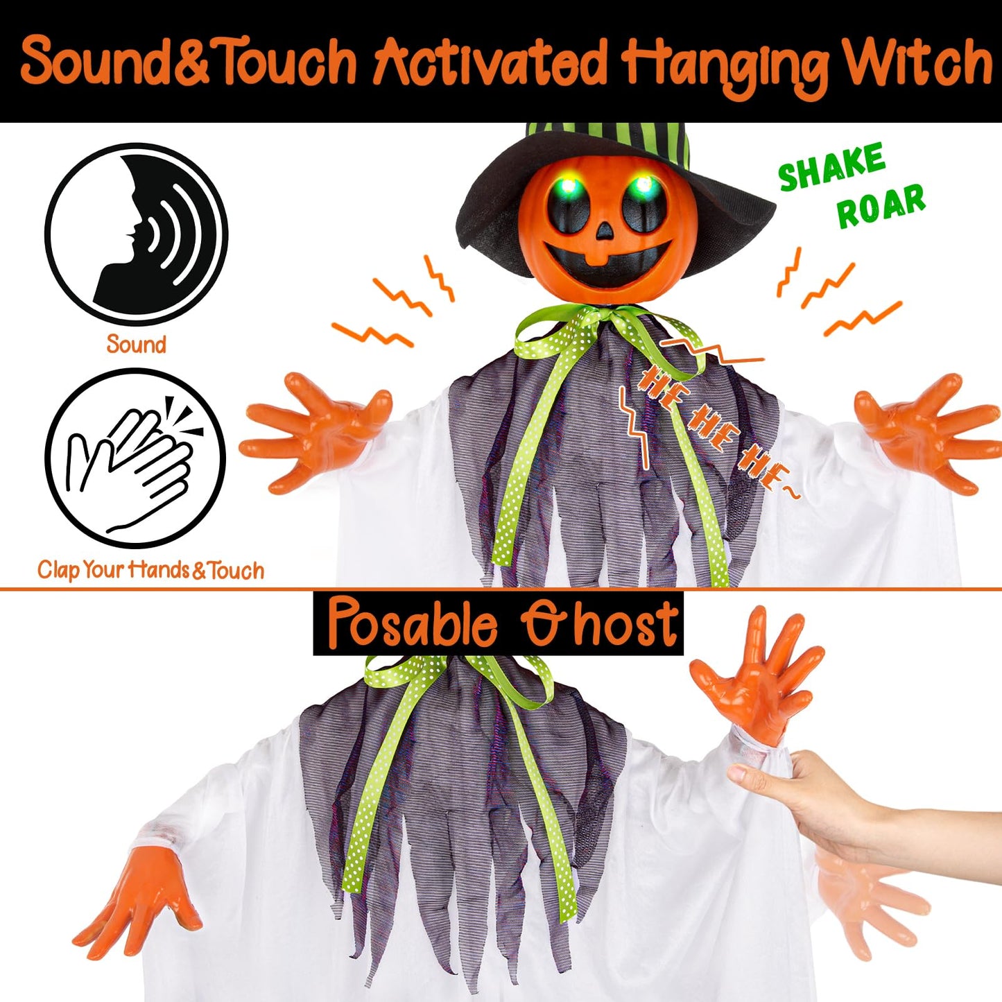 55” Halloween Hanging Animatronics Witch Hat Ghost with LED Lights, Sound Activated, and Shaking Arms - Perfect for Halloween Haunted House Prop Décor, Indoor/Outdoor Display, Lawn, Party