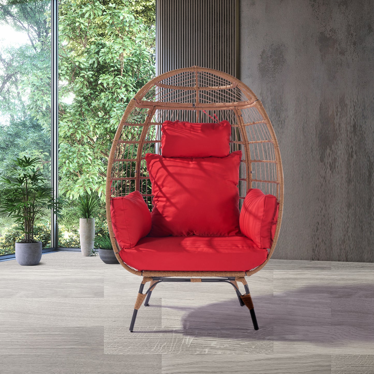 Wicker Egg Chair, Oversized Indoor Outdoor Lounger for Patio, Backyard, Living Room w/ 5 Cushions, Steel Frame, - Red